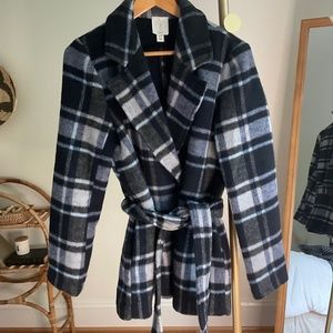 JOIE Navy Blue Plaid Belted Coat, Size M